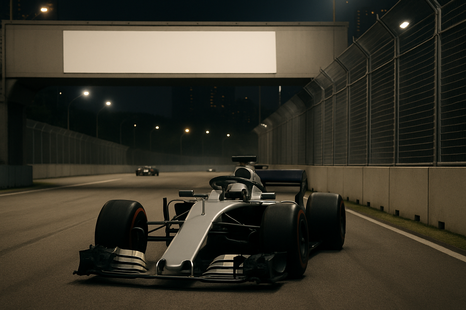 Single-seater racing car with a blank livery under an empty overhead sign on a floodlit night circuit, fences and barriers lining the track