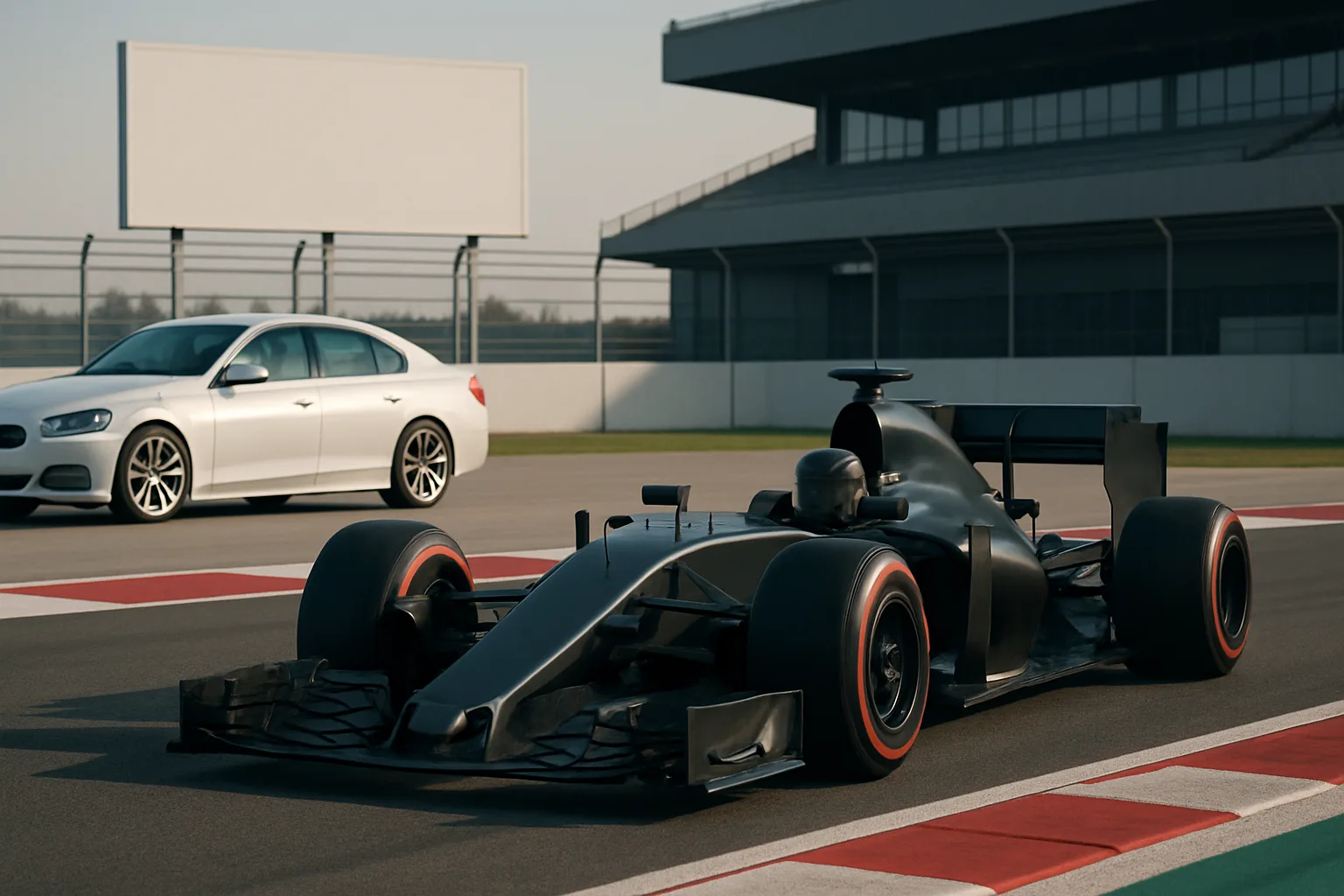 Sleek black single-seater race car with red-striped tires parked on a sunlit racetrack beside a white sedan