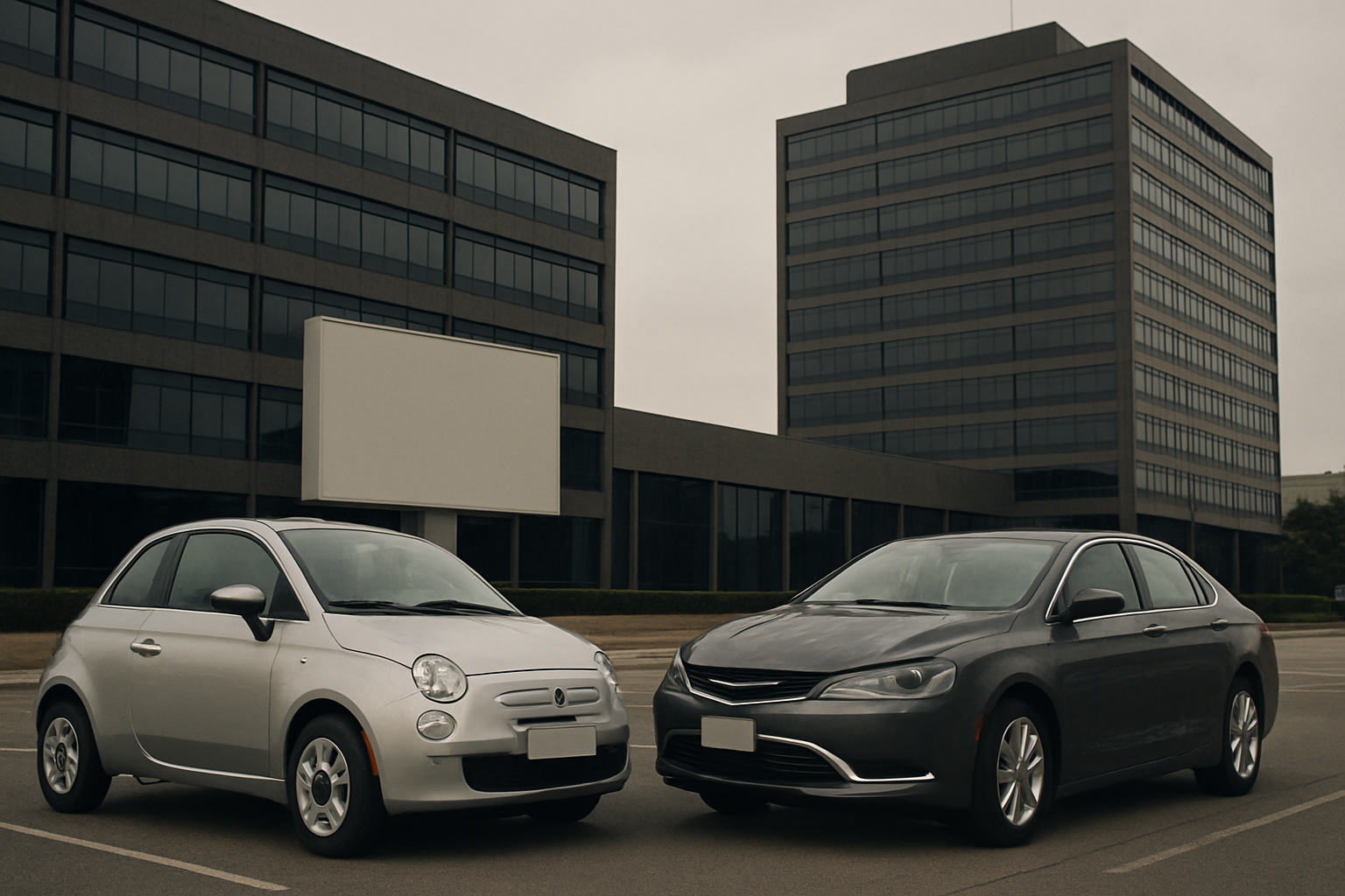 Two stylized cars, one small and silver, one larger and dark grey, parked on an empty lot before modern glass office buildings