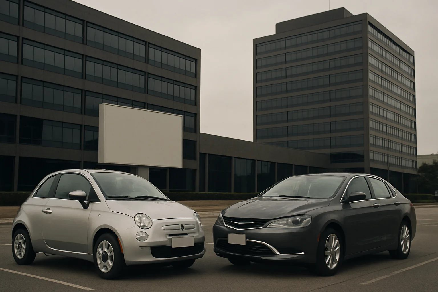 Two stylized cars, one small and silver, one larger and dark grey, parked on an empty lot before modern glass office buildings