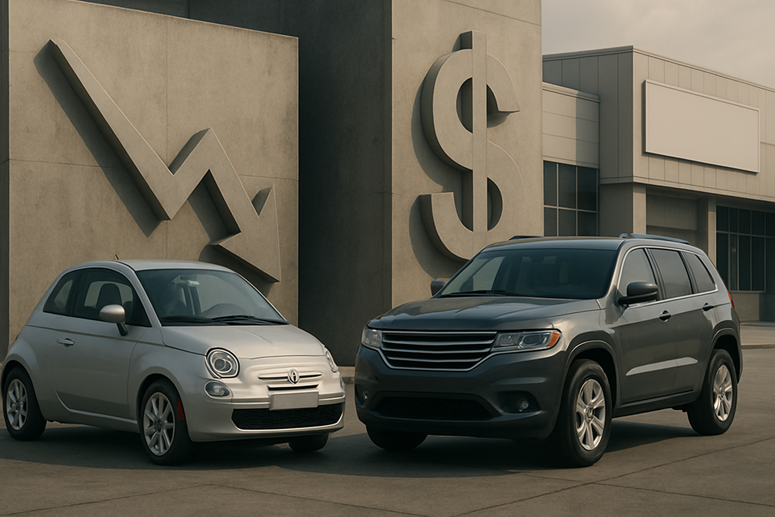 A small silver car and a large dark SUV parked in front of concrete walls with downward arrow and dollar sign sculptures