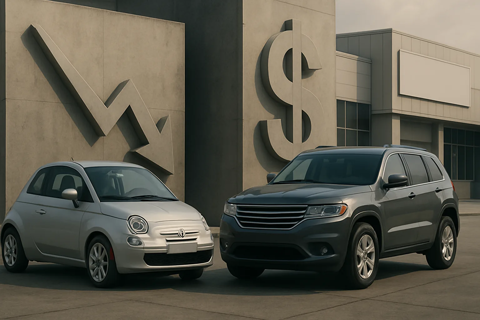 A small silver car and a large dark SUV parked in front of concrete walls with downward arrow and dollar sign sculptures