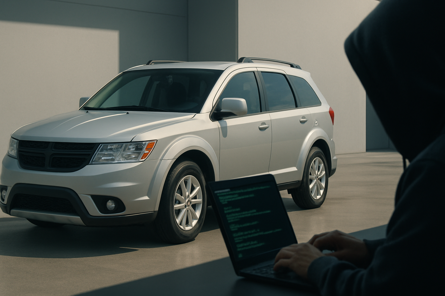 A hooded person types on a laptop displaying code in the foreground with a silver SUV parked outside in bright daylight