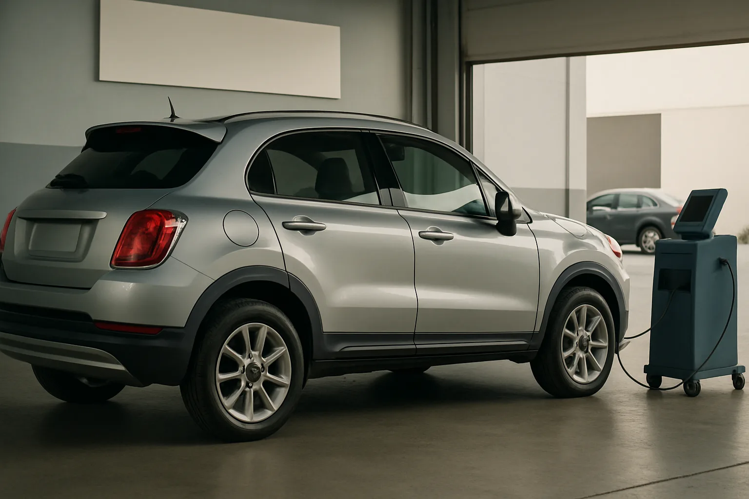 A silver crossover SUV in a garage connected by a cable to a blue diagnostic machine under soft natural light