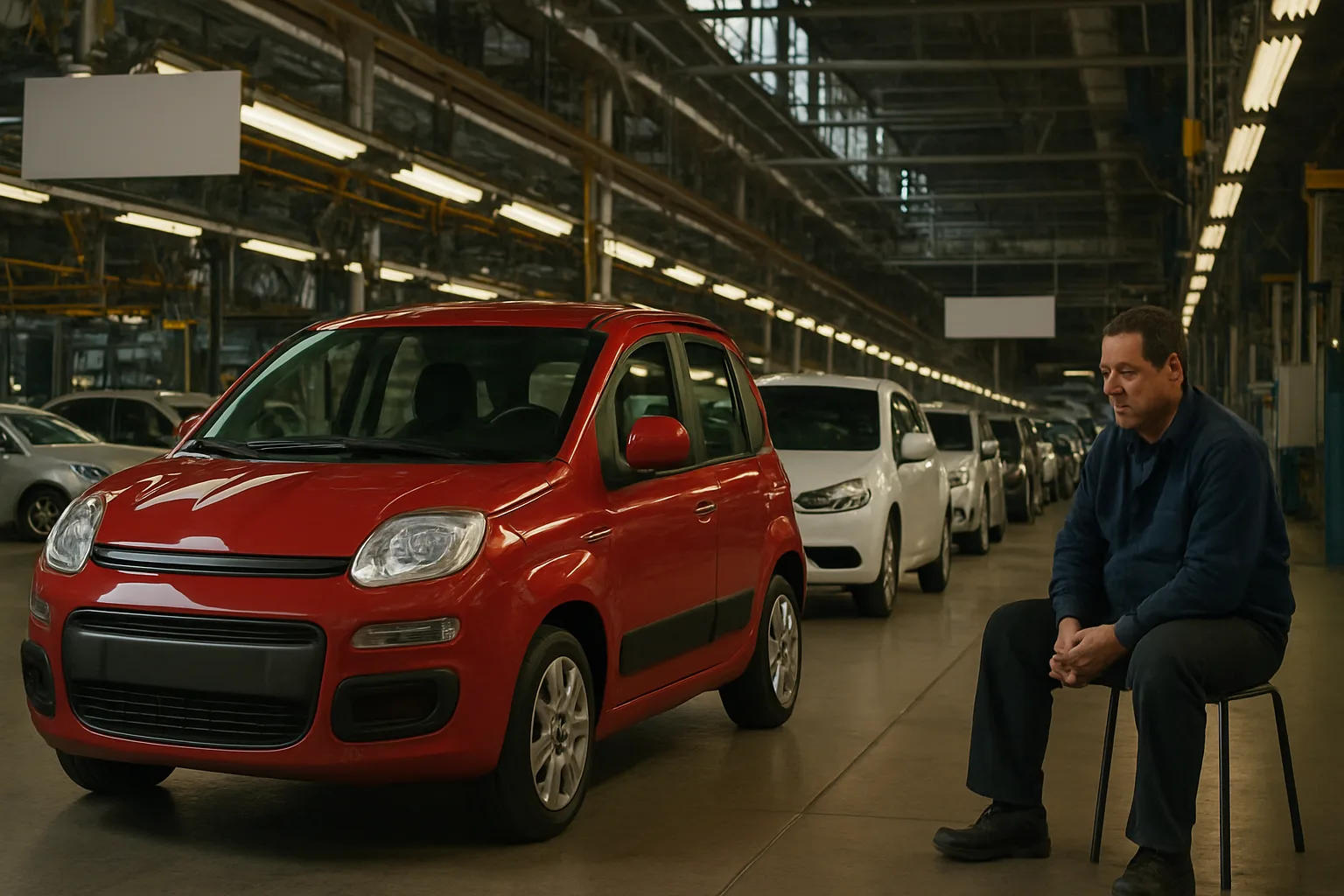 A man in dark clothing sits on a chair beside a bright red compact car in a spacious, industrial indoor setting with muted lighting