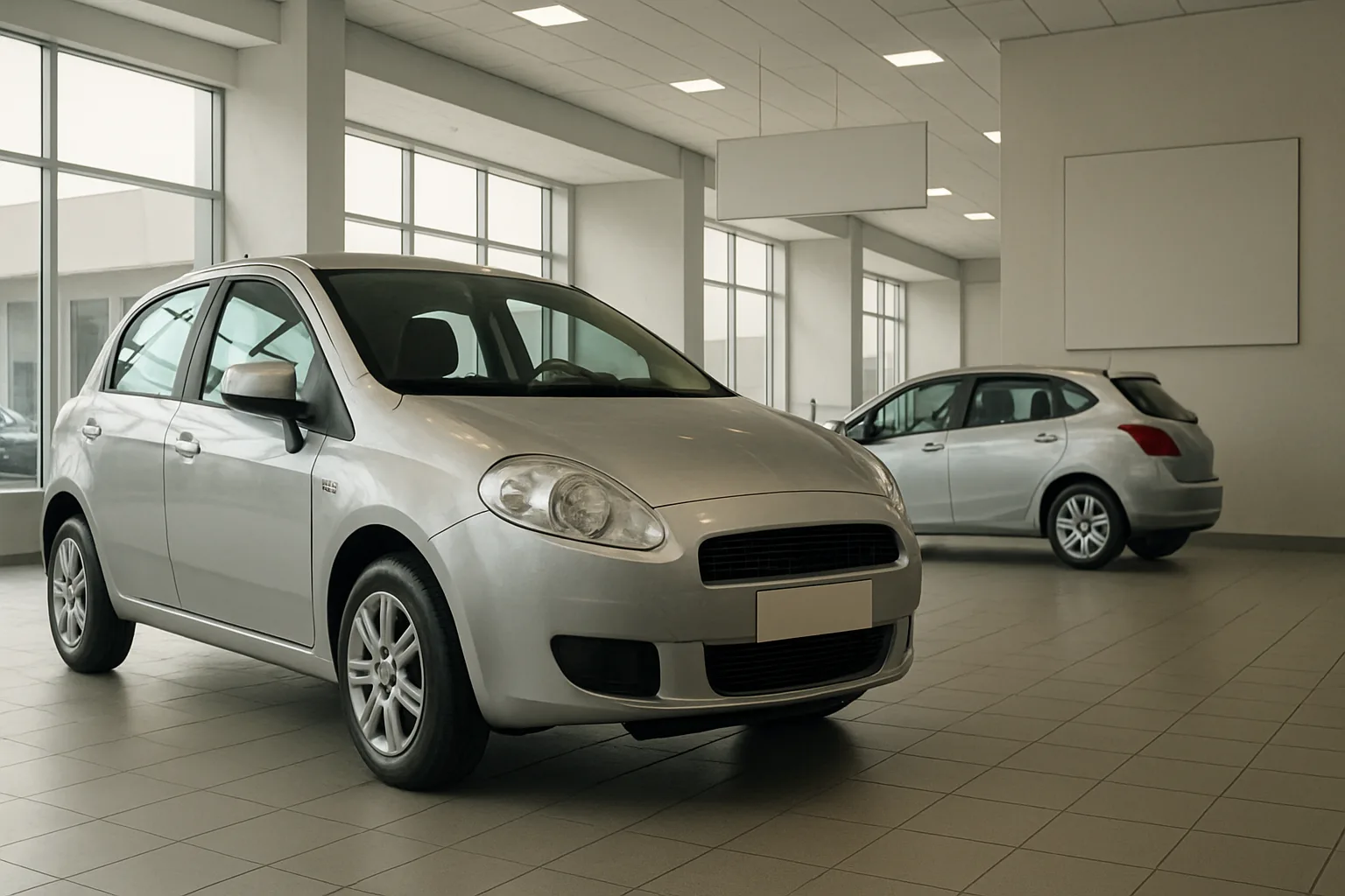 Two silver hatchbacks parked on a tiled showroom floor under diffuse ceiling lights, with large windows and blank wall panels