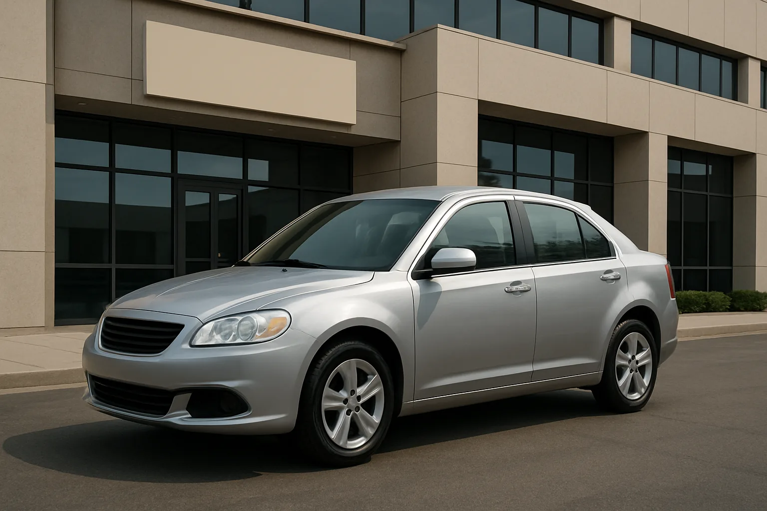 Silver four-door sedan parked on asphalt in front of a modern beige office building with large windows and blank signage