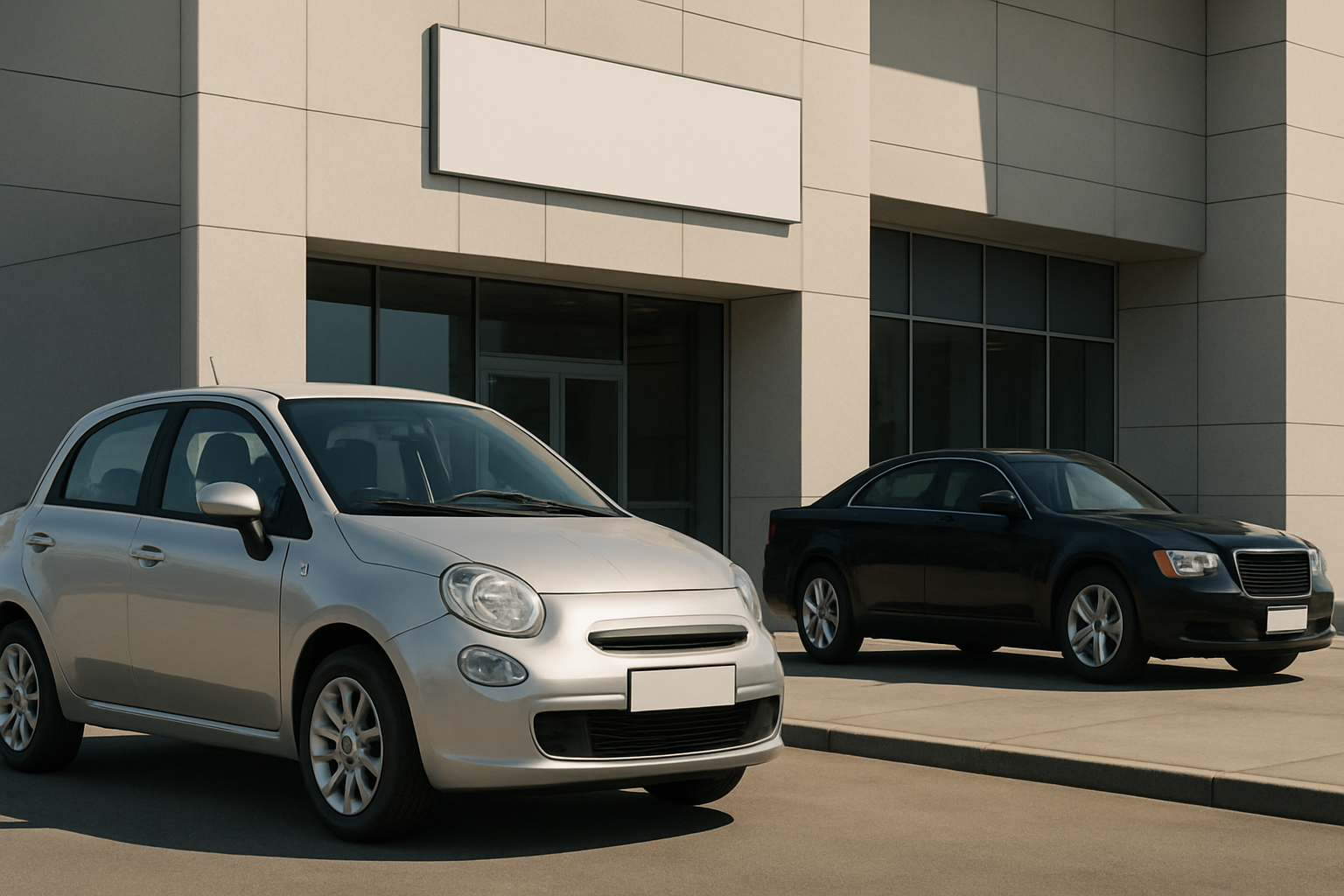 A small silver hatchback and a black sedan parked outside a modern beige building with large windows and a blank sign above