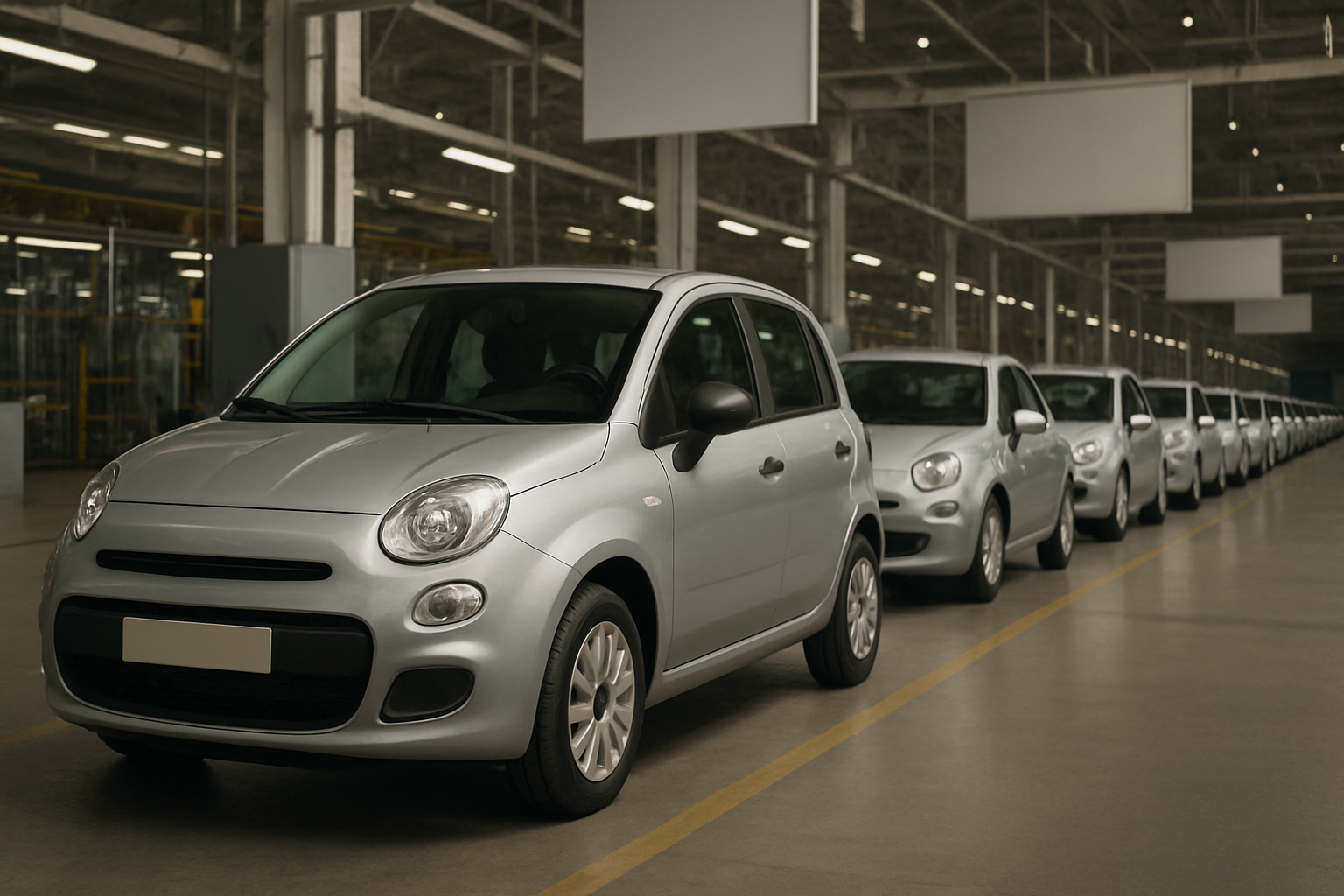 Row of identical silver hatchback cars parked inside a spacious, well-lit factory with a high ceiling and exposed beams