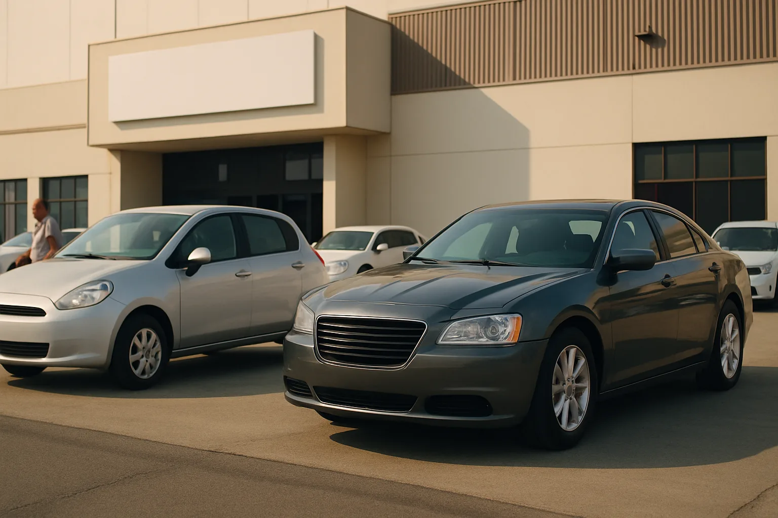 Two cars parked on sunlit pavement in front of a beige industrial building with large windows and blank signage