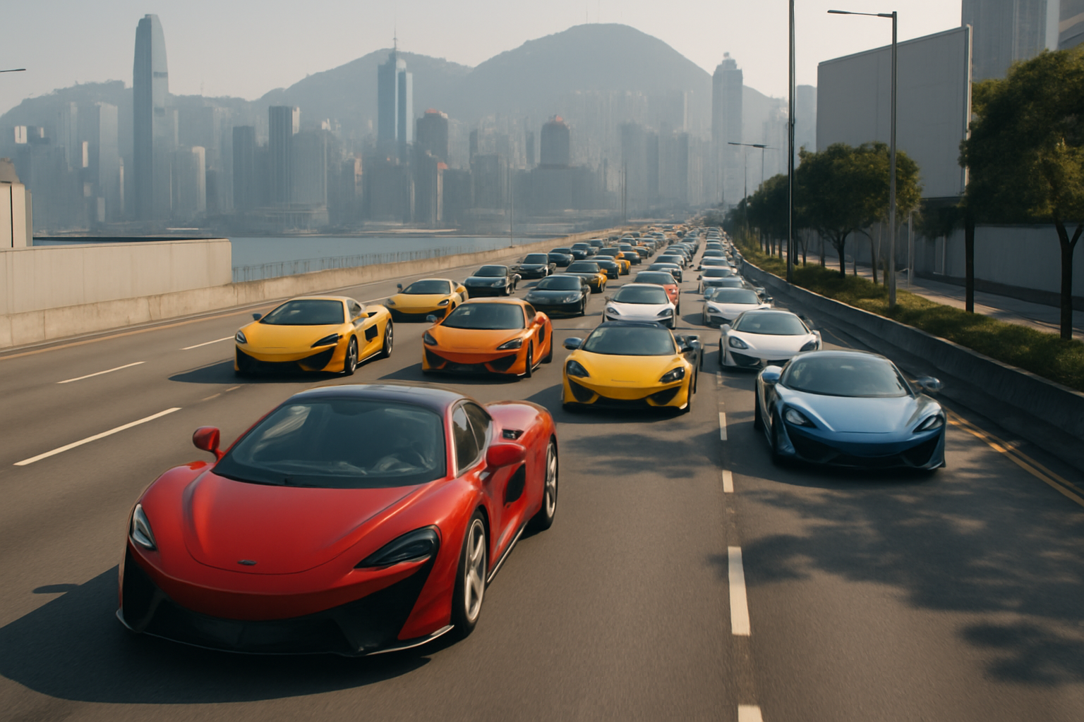 Dozens of brightly coloured sports cars drive along a wide city highway with skyscrapers and misty hills in the background