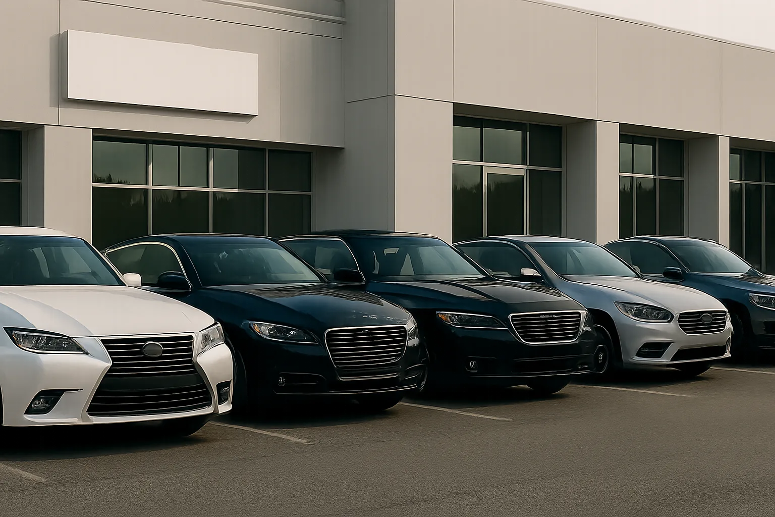 Five modern sedans in white, black, blue, and silver lined up outside a glass-fronted building on a cloudy day