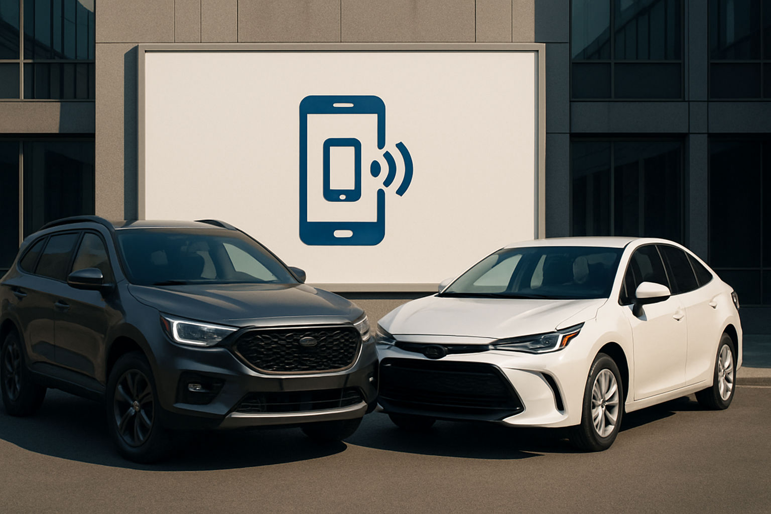 A dark grey SUV and a white saloon car parked side by side in front of a sign with a blue smartphone icon