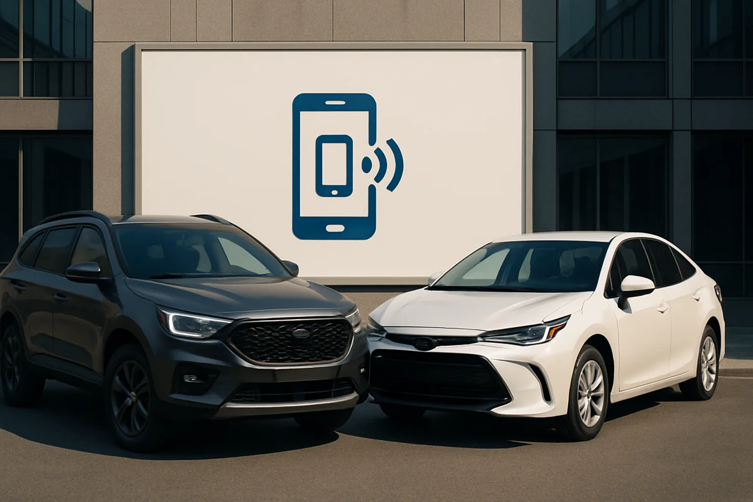 A dark grey SUV and a white saloon car parked side by side in front of a sign with a blue smartphone icon