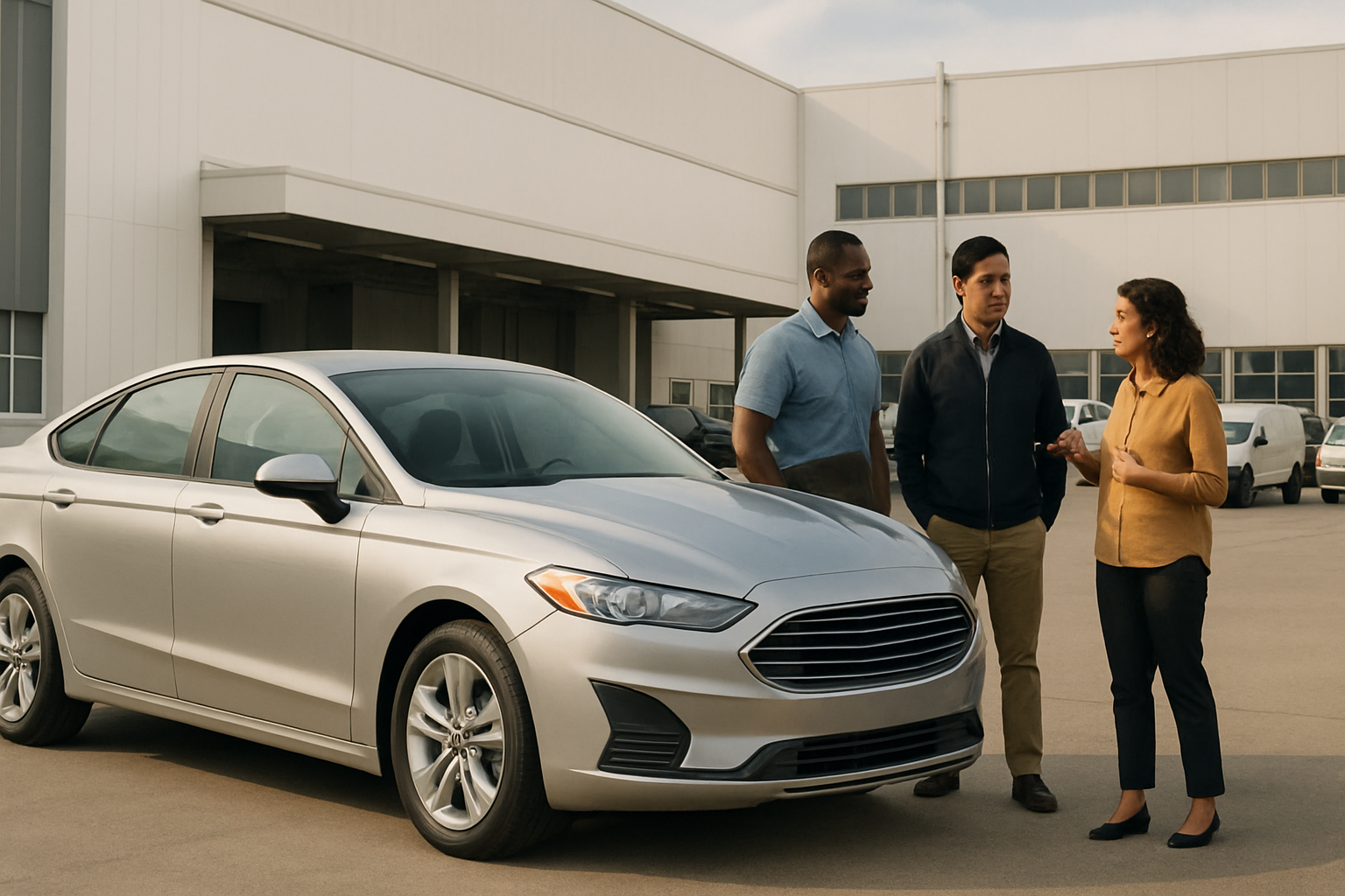 Three people stand talking beside a silver sedan in a sunlit industrial parking lot with white buildings in the background