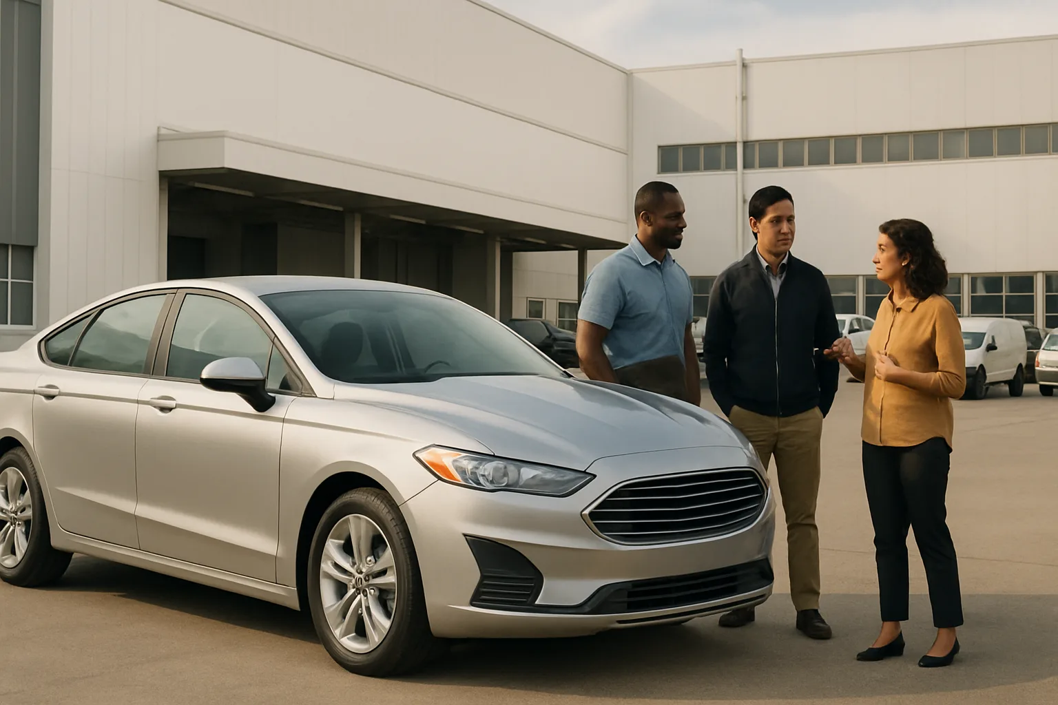 Three people stand talking beside a silver sedan in a sunlit industrial parking lot with white buildings in the background