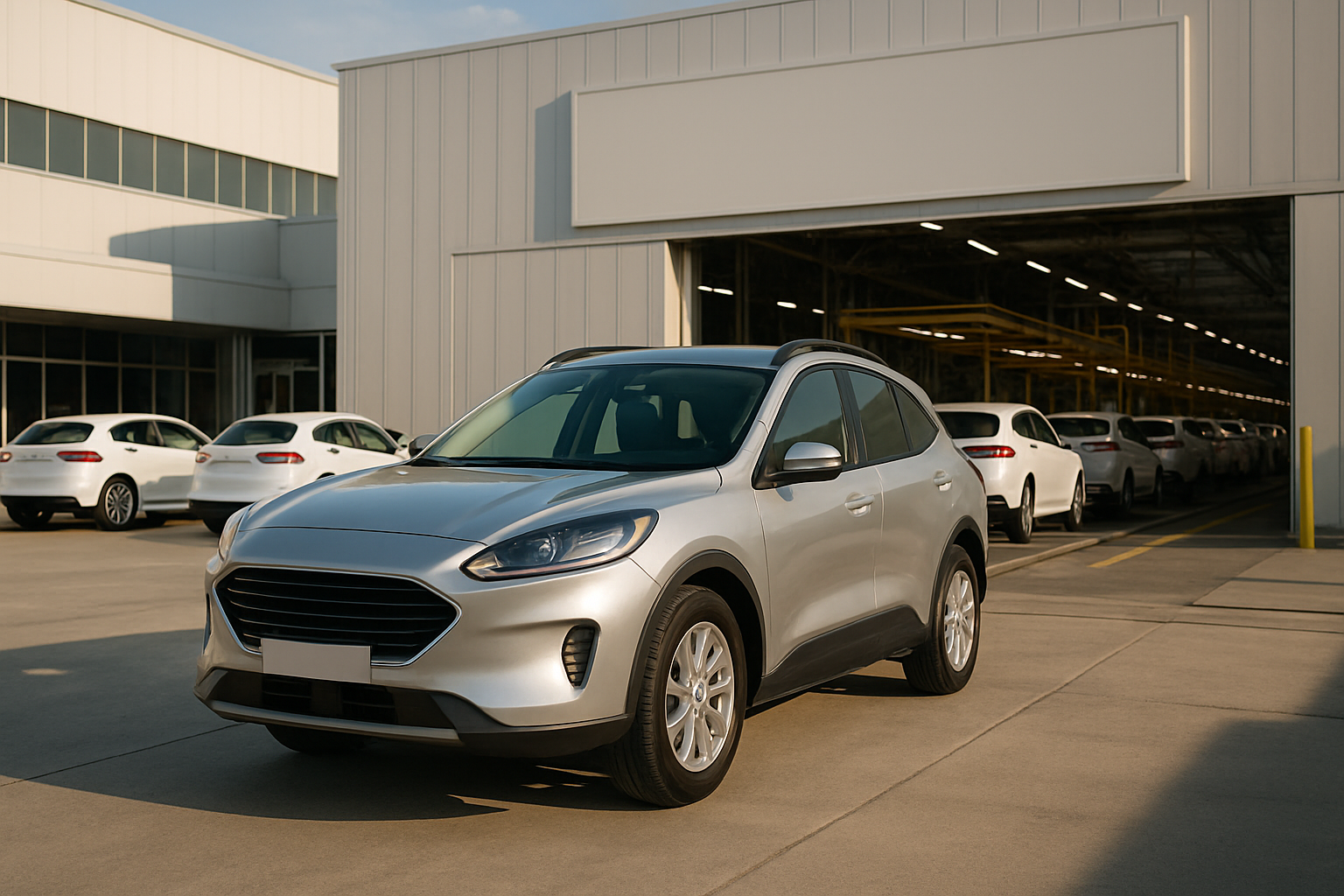Silver SUV parked on sunlit concrete outside a modern factory building, with several white cars lined up inside and outside