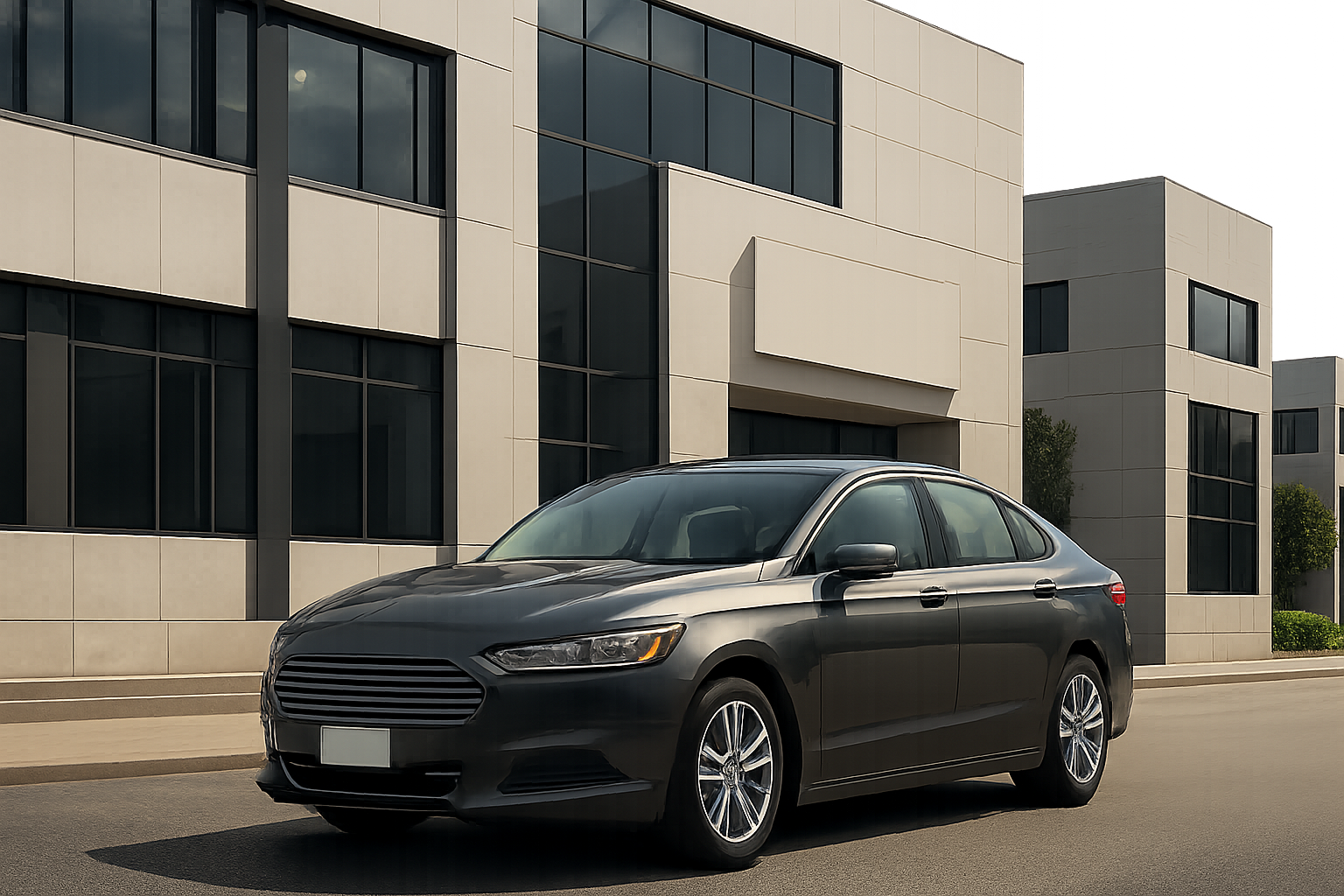 A dark grey sedan parked on a clean street in front of modern office buildings with large windows and pale facades