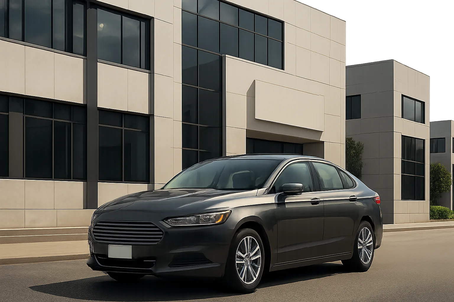 A dark grey sedan parked on a clean street in front of modern office buildings with large windows and pale facades