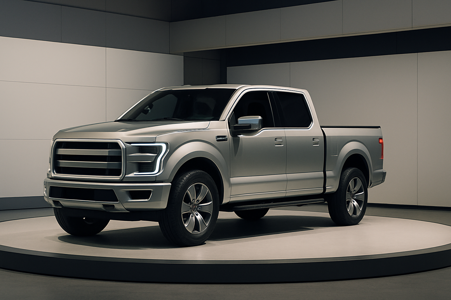 Silver pickup truck with bold, angular lines displayed on a circular platform under soft indoor lighting in a modern showroom