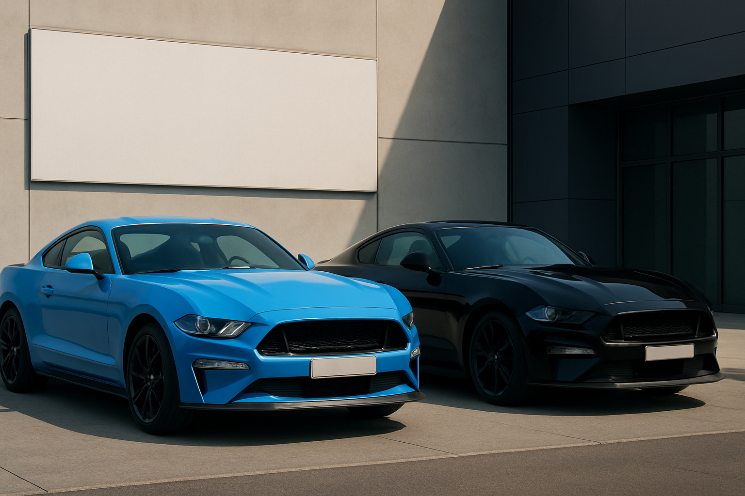 Two sleek sports cars, one in vibrant blue and the other in glossy black, parked side by side against a modern building