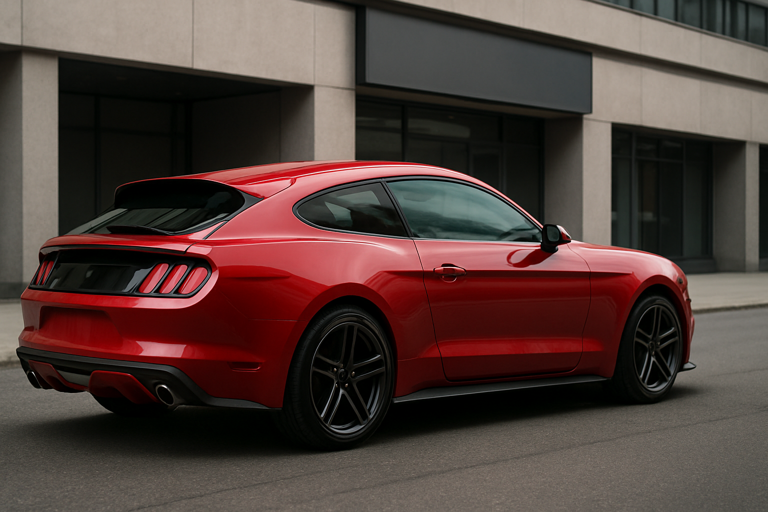 Sleek red hatchback coupe with black wheels parked on an empty street beside a modern grey building