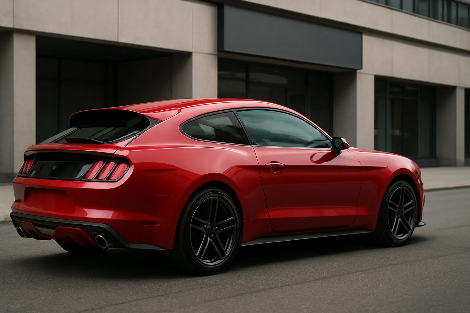Sleek red hatchback coupe with black wheels parked on an empty street beside a modern grey building