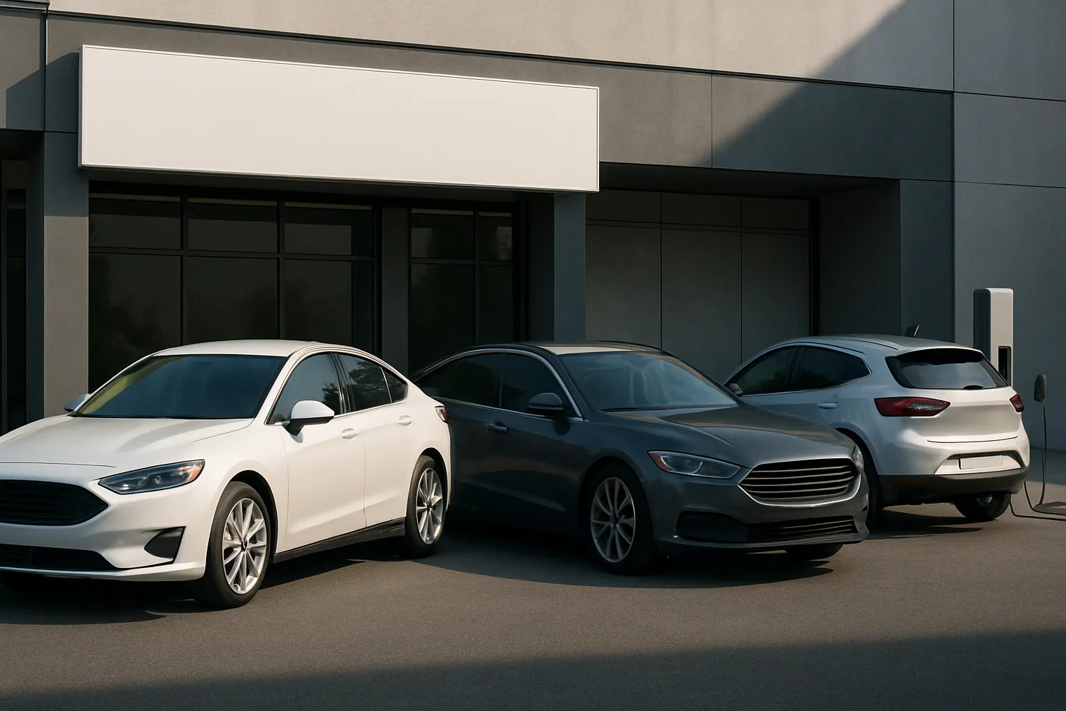 Three modern cars, one white, one dark grey, and one silver, parked beside a concrete building in bright sunlight