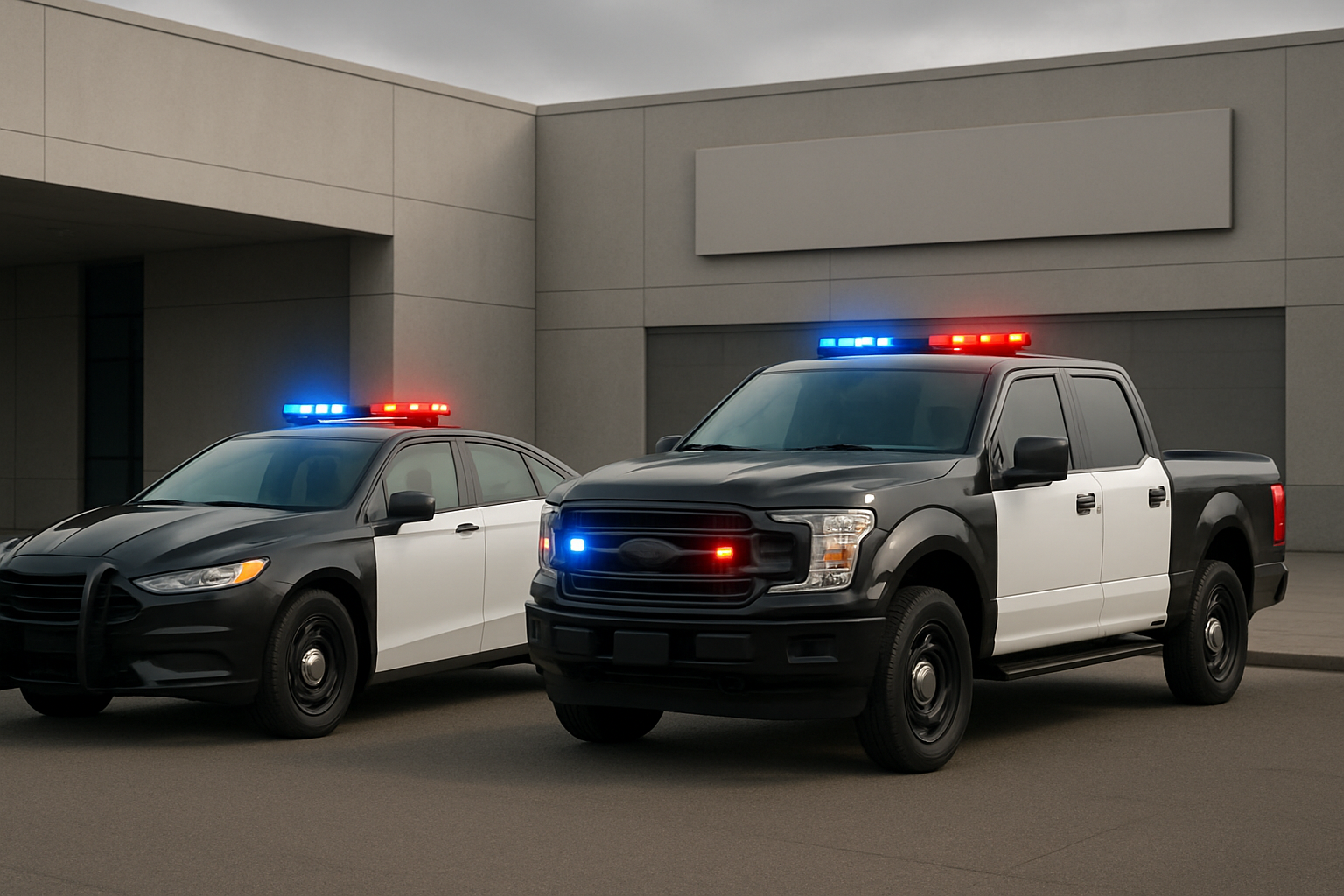 Two black and white police vehicles with red and blue lights activated parked outside a modern concrete building