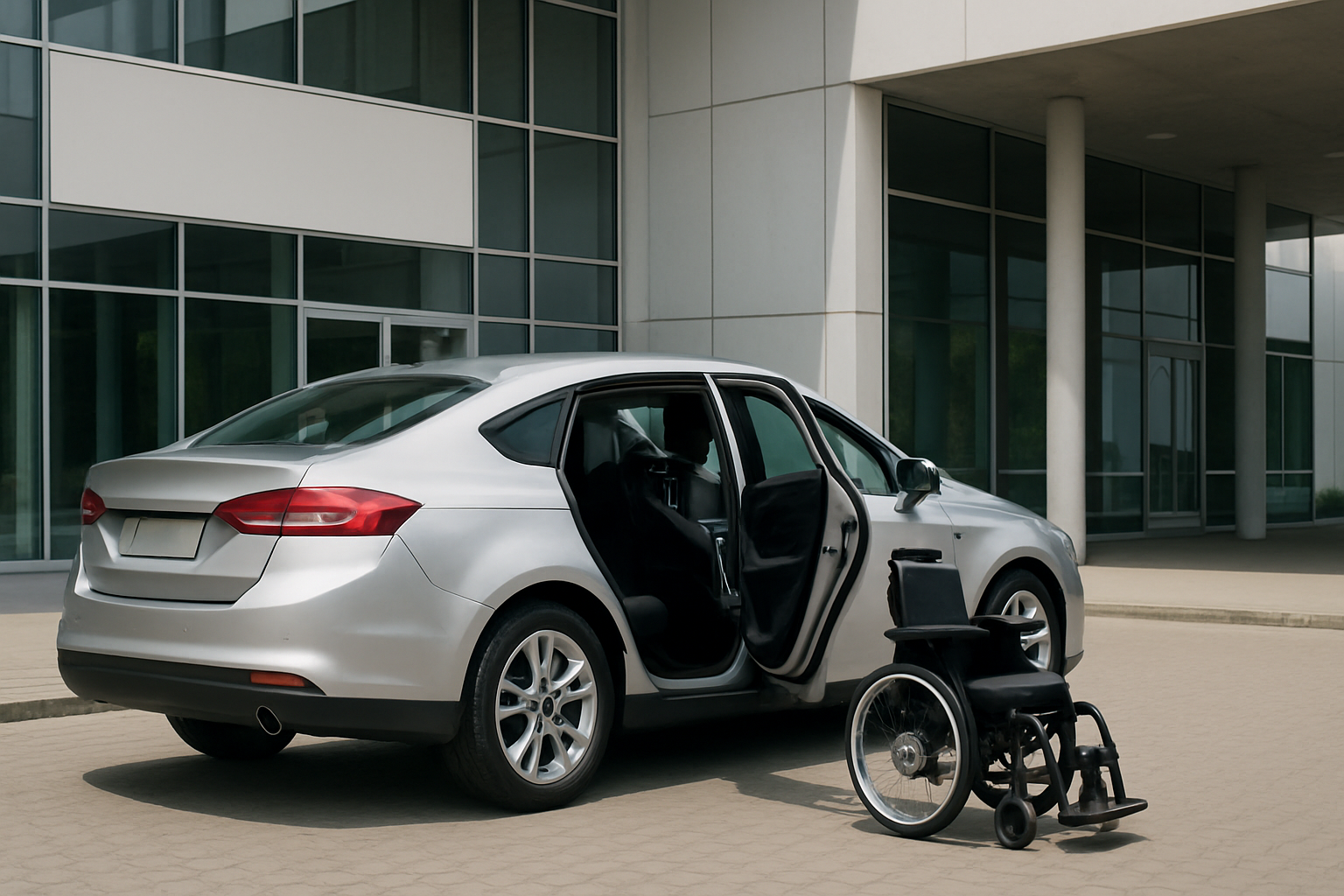 Silver car parked outside a modern glass building with rear door open and a black wheelchair positioned nearby on the pavement