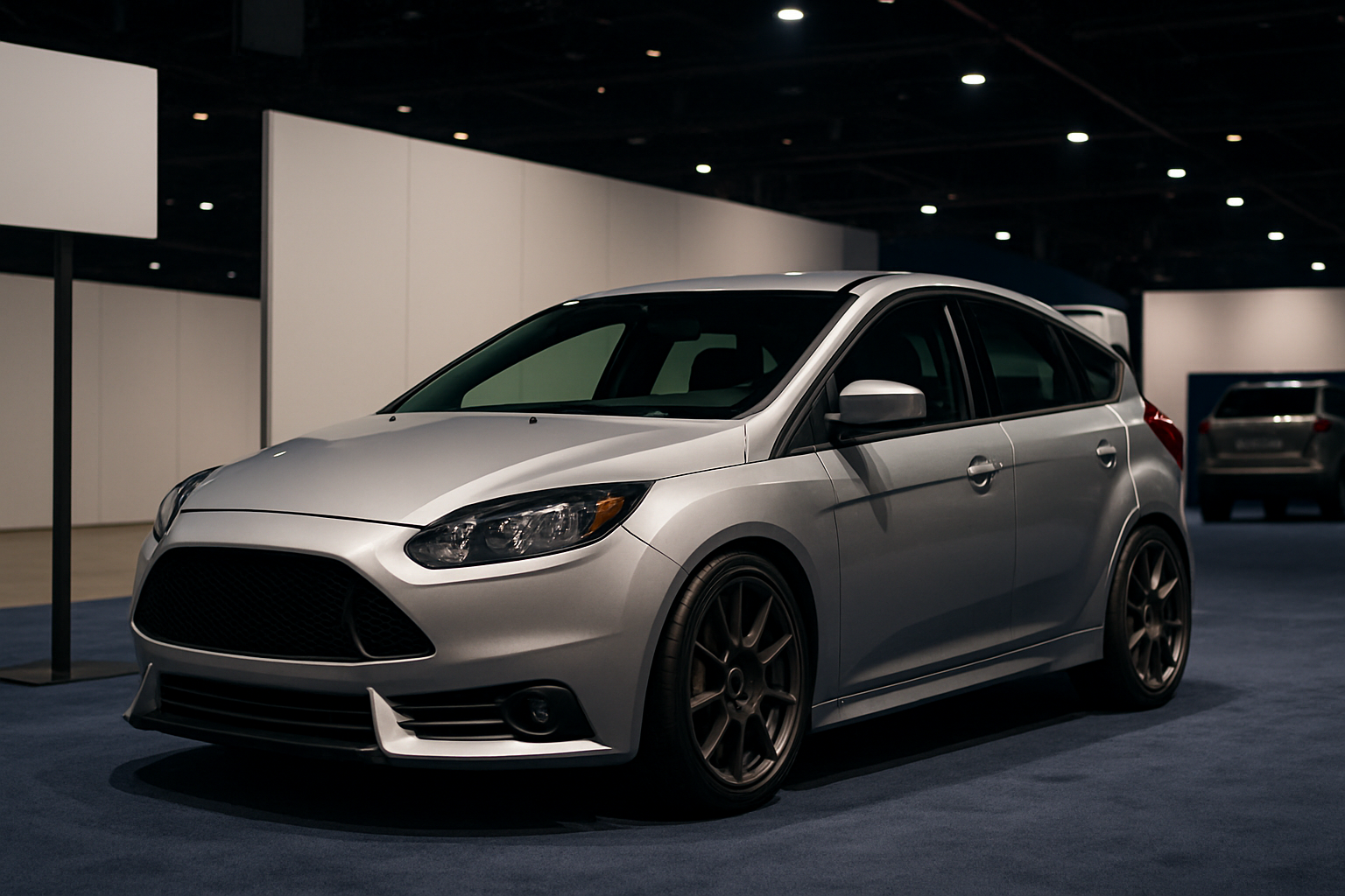 A silver hatchback with tinted windows and large alloy wheels displayed indoors on a blue carpet under spotlights