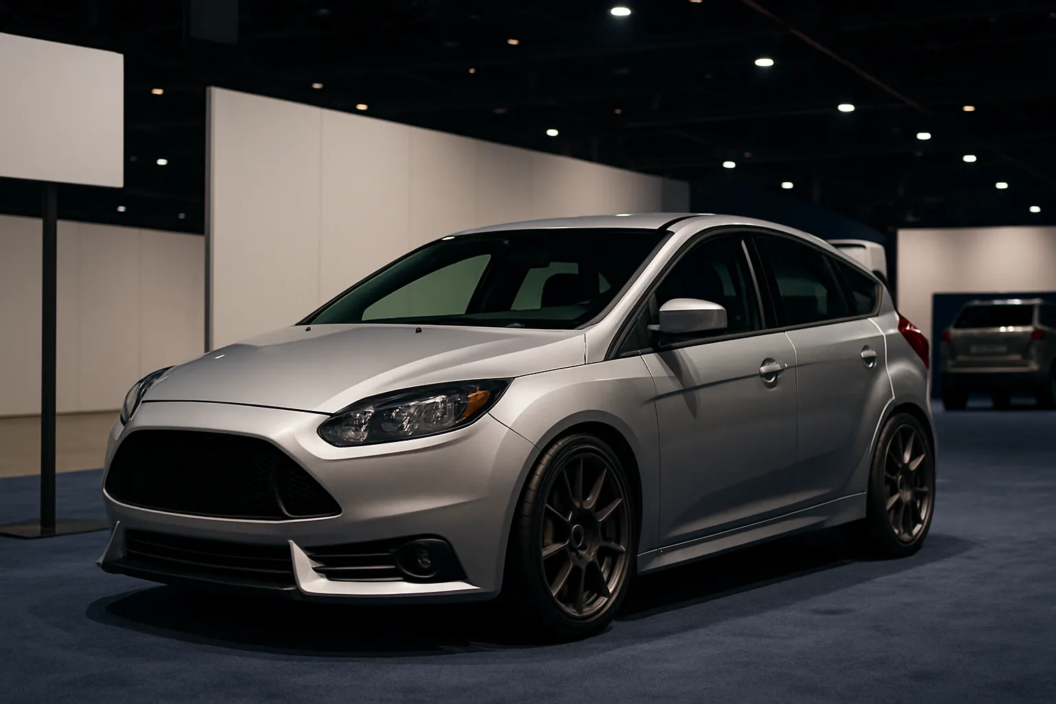 A silver hatchback with tinted windows and large alloy wheels displayed indoors on a blue carpet under spotlights