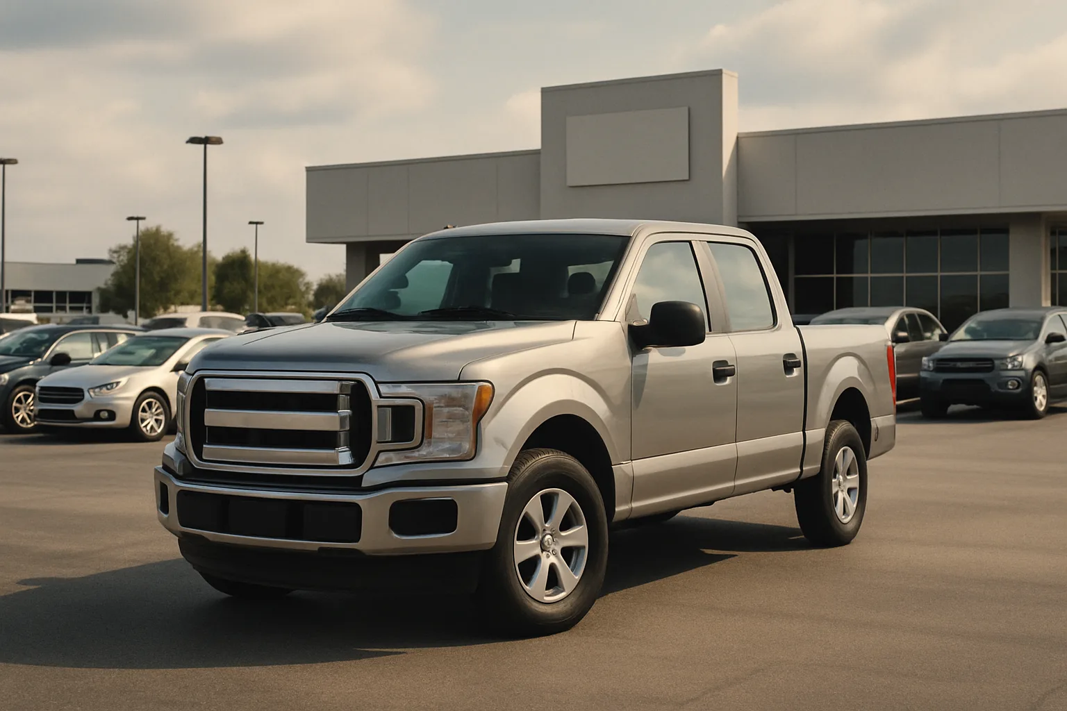 A silver pickup truck parked on smooth asphalt in front of a modern car dealership under a partly cloudy sky