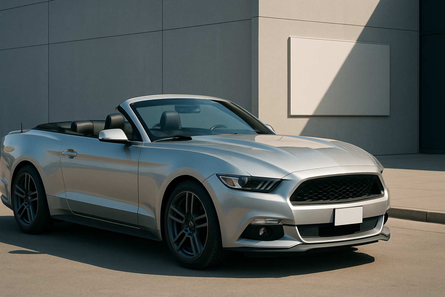 A sleek silver convertible with its roof down parked by a modern beige building under clear sunlight