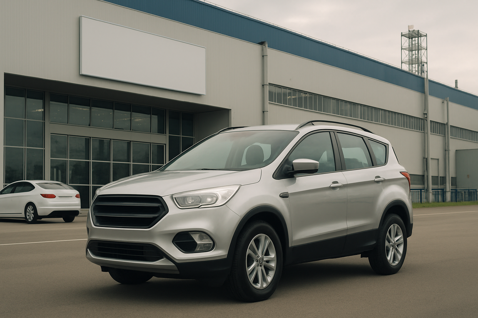 A silver SUV parked on an empty asphalt lot beside a large industrial building with blank signage under a cloudy sky