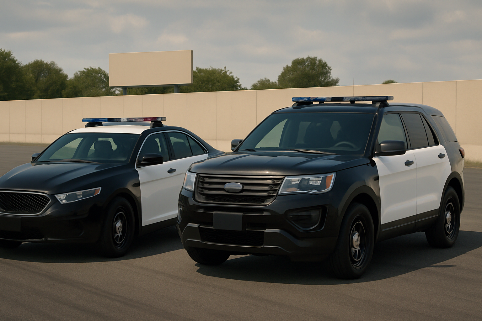 Two black and white police vehicles with rooftop light bars parked side by side on an empty road under a cloudy sky