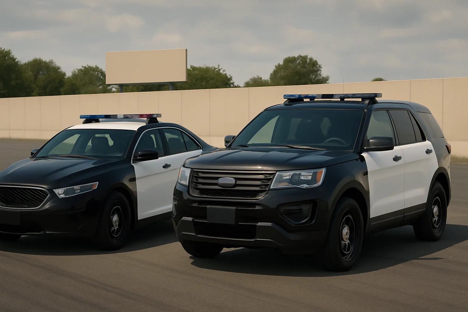 Two black and white police vehicles with rooftop light bars parked side by side on an empty road under a cloudy sky