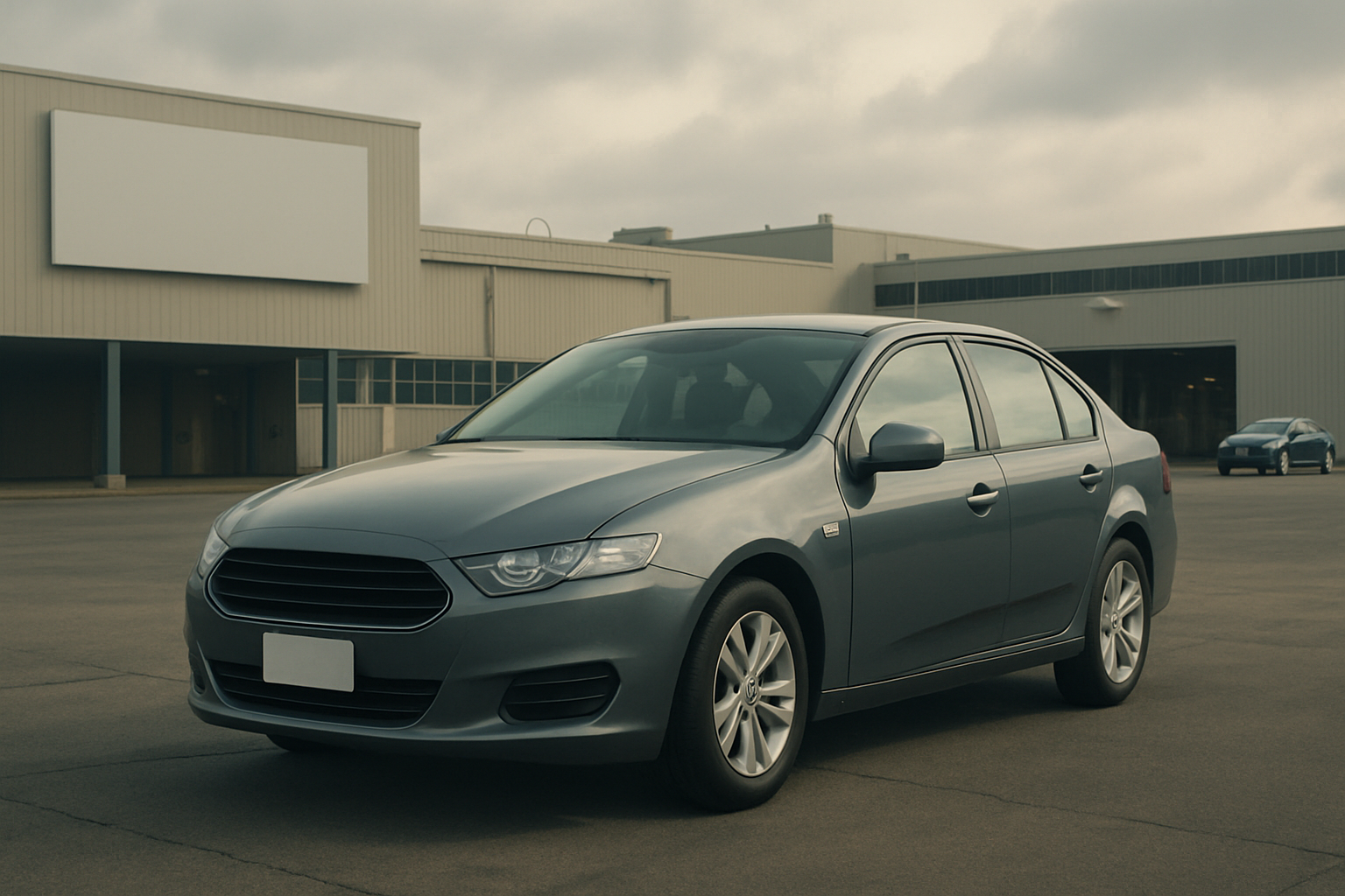 A grey sedan parked on an empty asphalt lot outside large beige industrial buildings under a cloudy sky