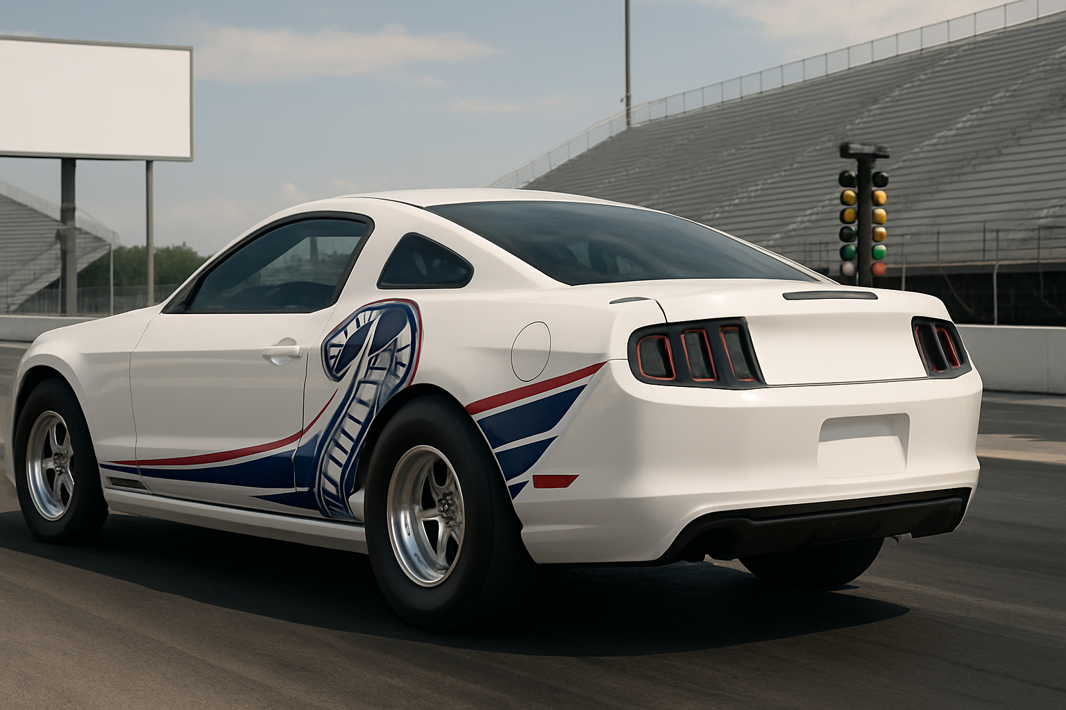 A white sports car with bold blue and red snake graphics on its side parked on a drag strip beside empty grandstands