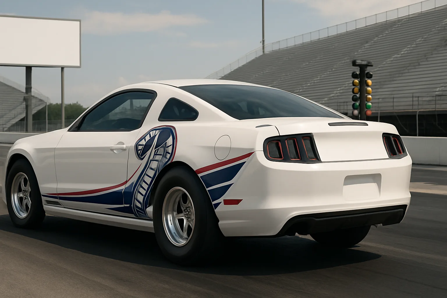 A white sports car with bold blue and red snake graphics on its side parked on a drag strip beside empty grandstands