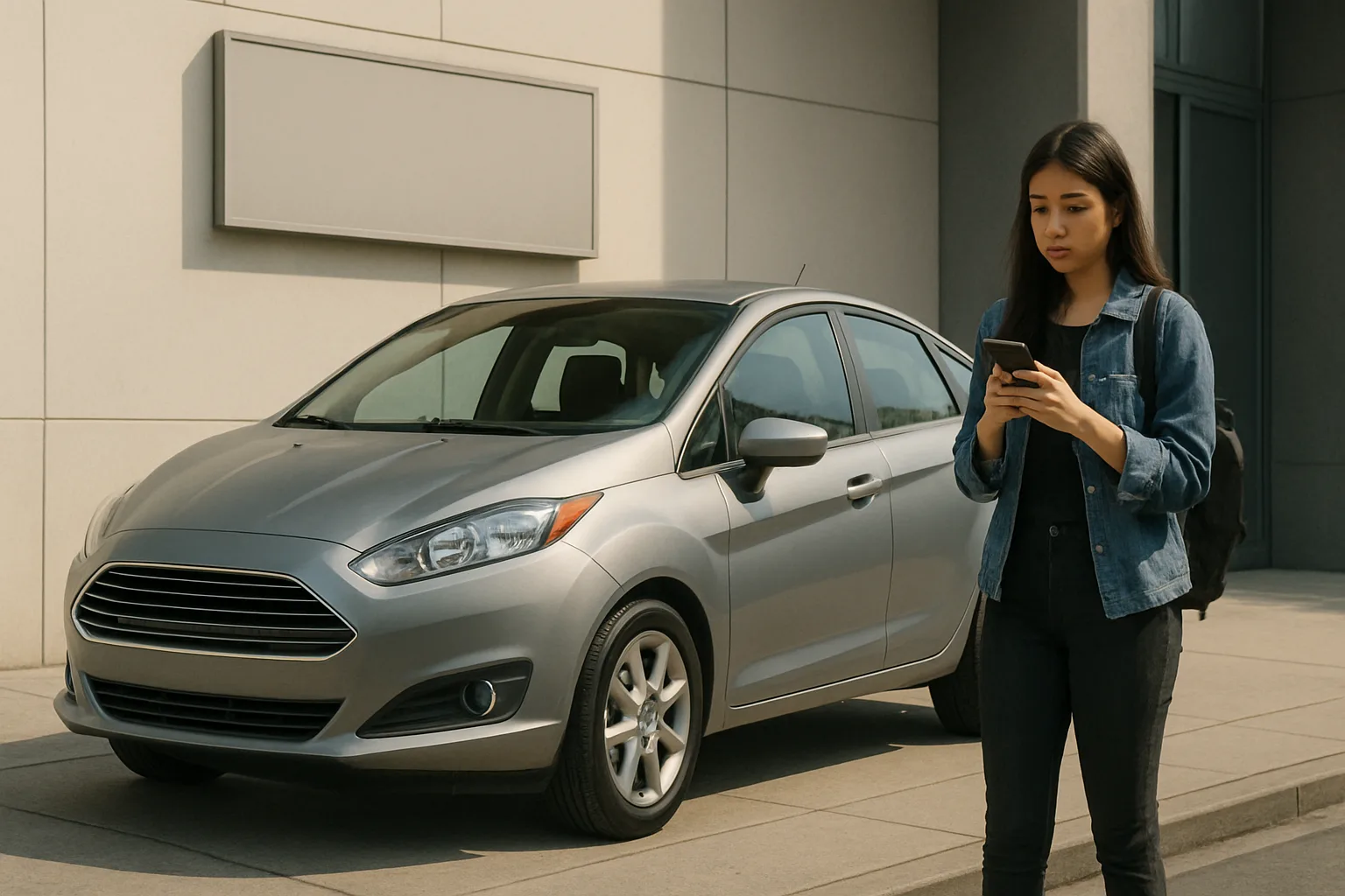 Young woman in a denim jacket looks at her phone while standing on a sunlit sidewalk next to a silver car