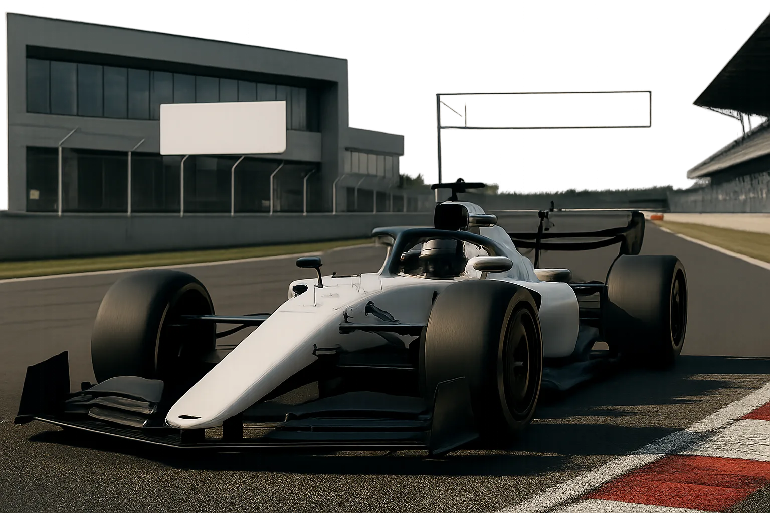 White open-wheel race car with black accents on a racetrack near modern glass and concrete buildings under overcast skies