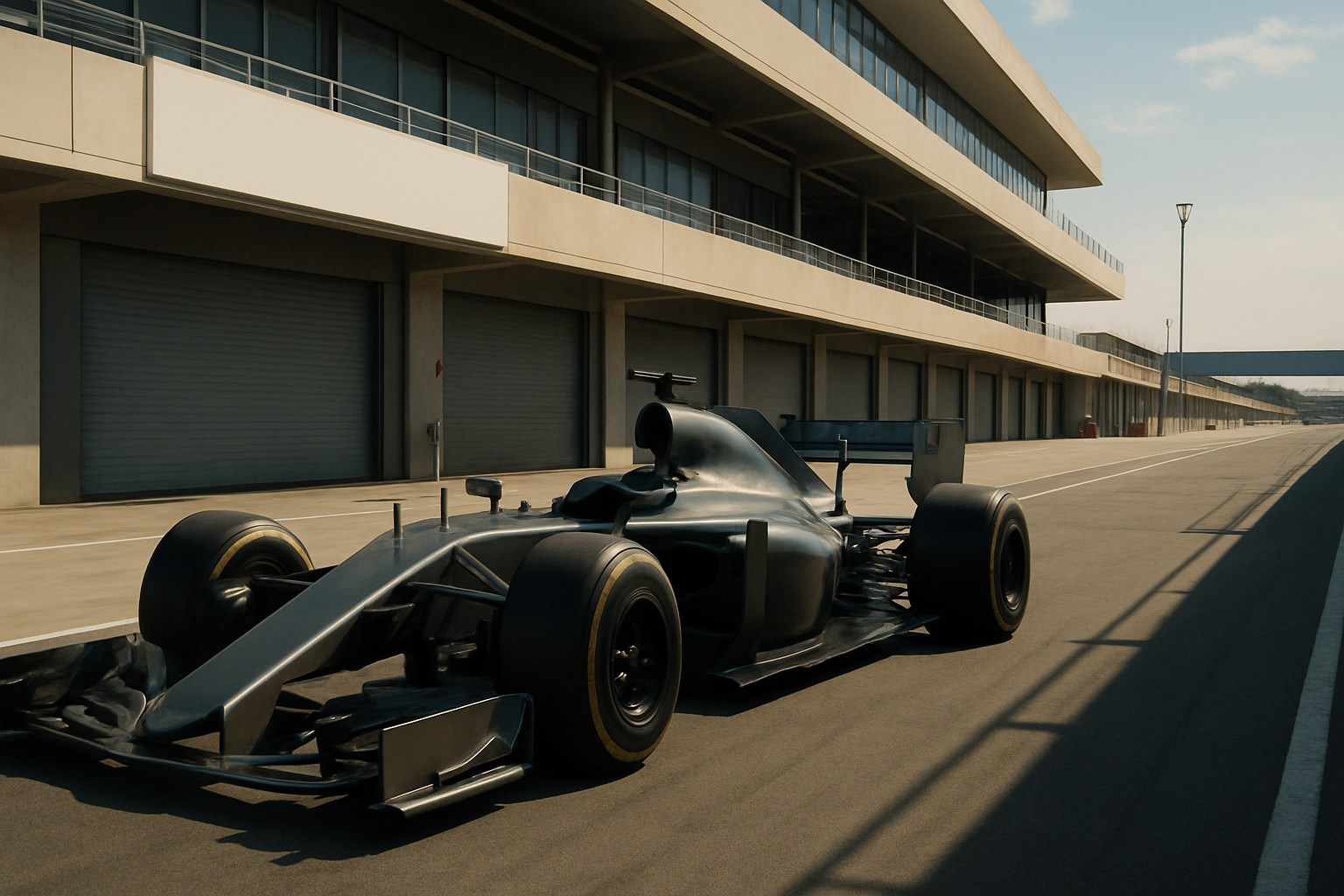 Sleek black formula car parked on an empty pit lane beside a sunlit modern concrete grandstand