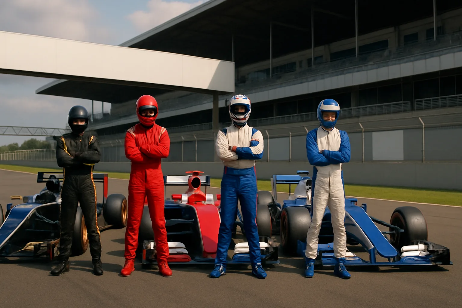 Four drivers in colourful racing suits and helmets stand with arms crossed in front of three stylized formula cars on a racetrack
