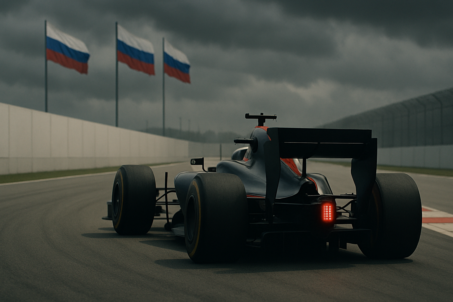 Sleek black race car with illuminated rear light on wet track, under dark clouds and three Russian flags in the background