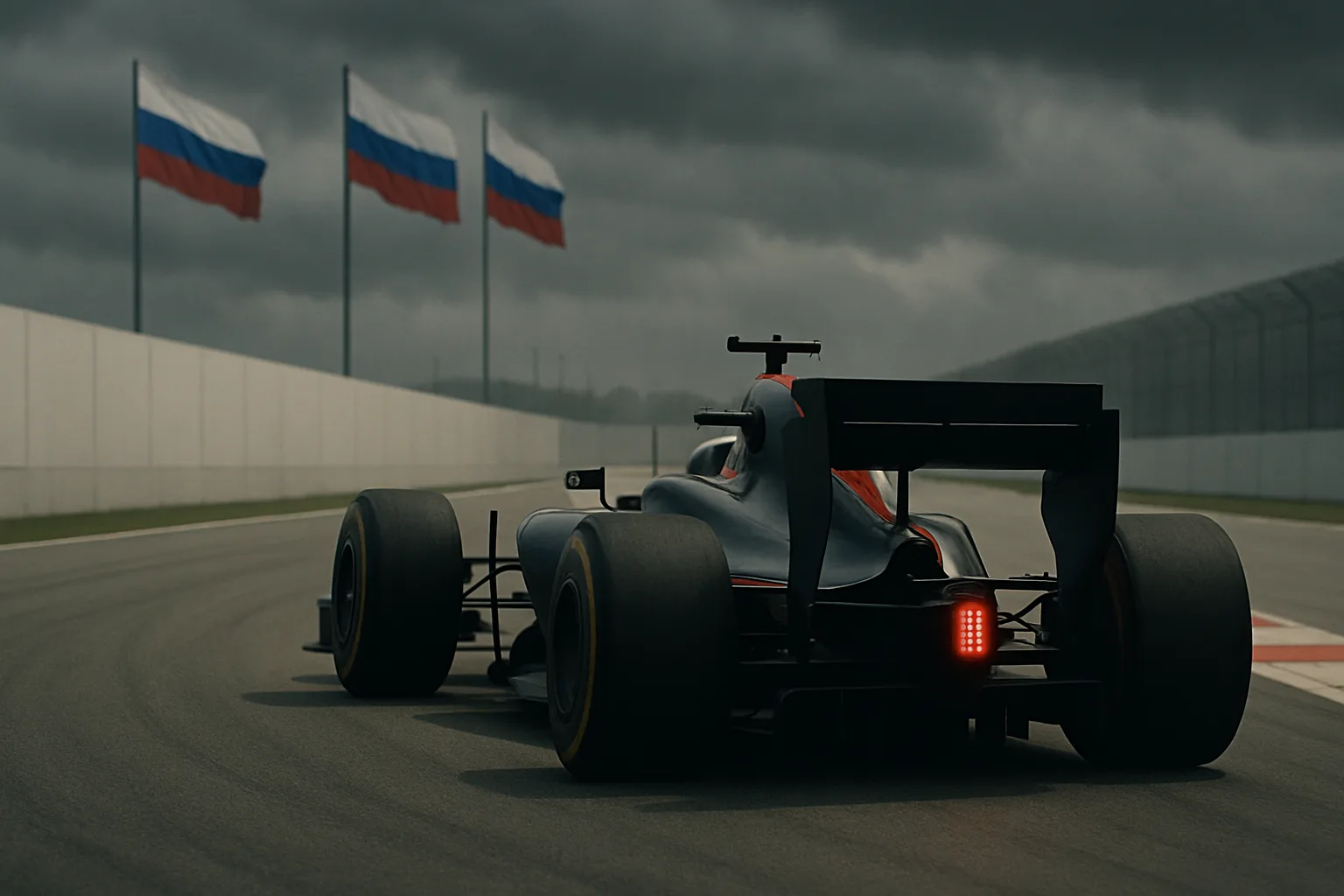 Sleek black race car with illuminated rear light on wet track, under dark clouds and three Russian flags in the background