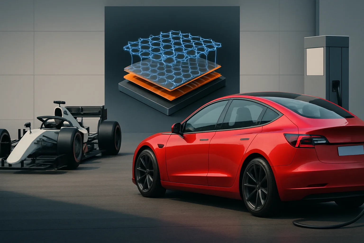 A sleek red sedan and a white race car parked by a wall with a glowing layered hexagonal structure displayed above