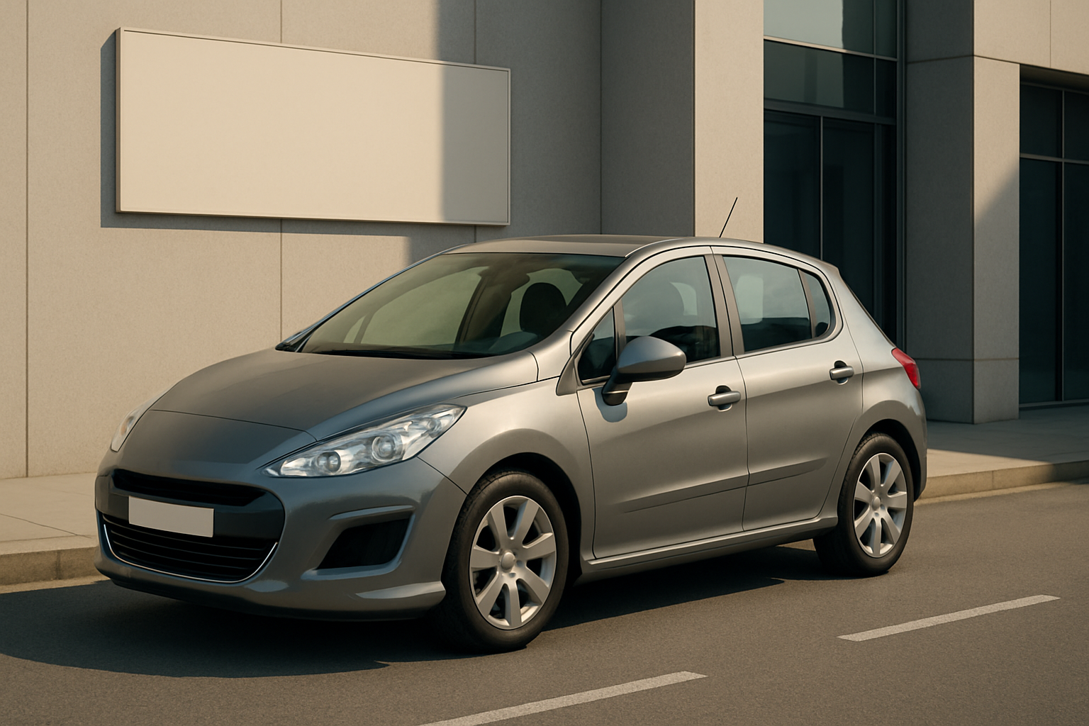A silver hatchback car parked on a sunlit city street beside a modern glass and concrete building