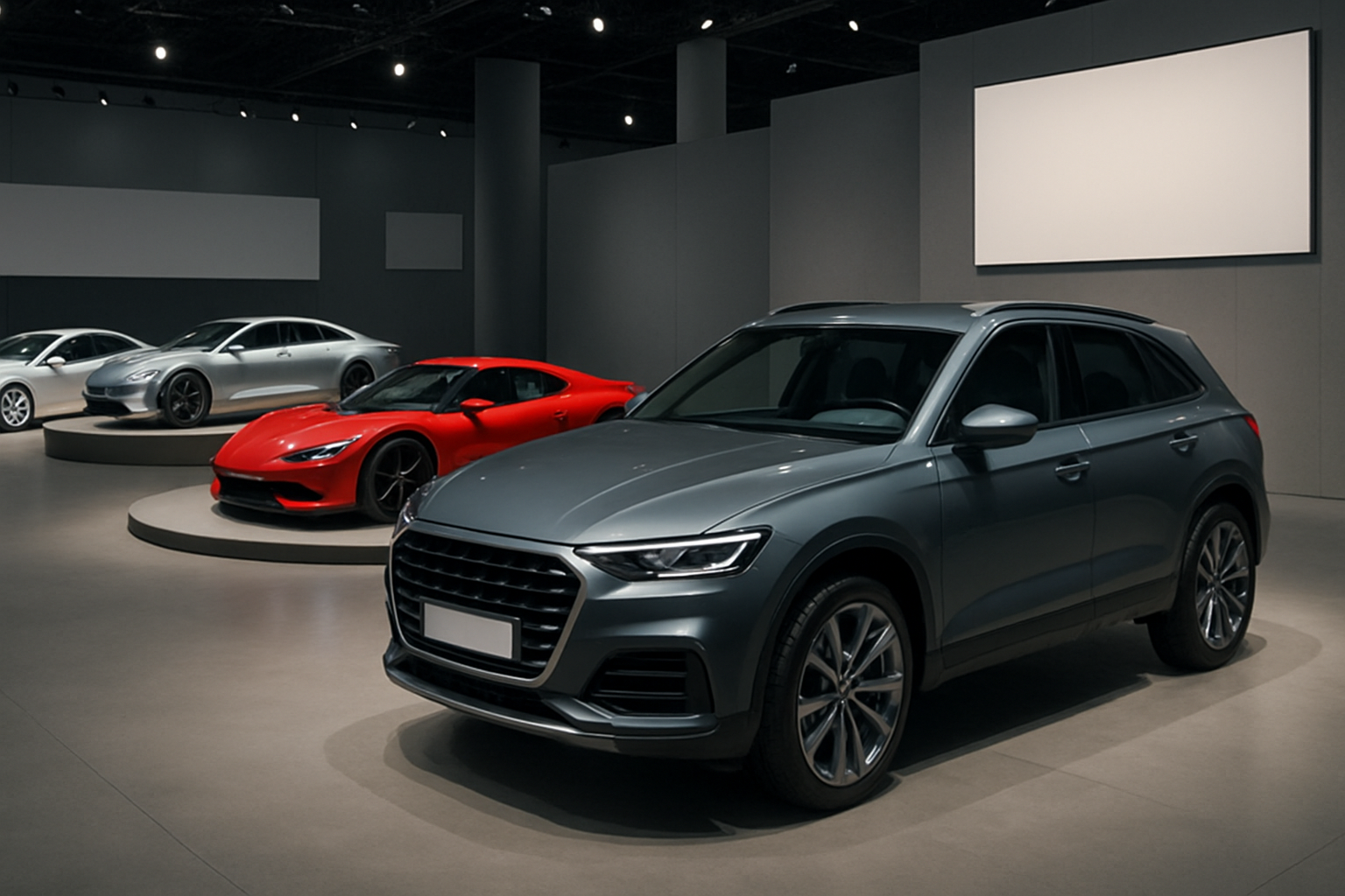 Four sleek concept cars in grey, white and red are displayed on circular platforms in a minimalist showroom with soft lighting