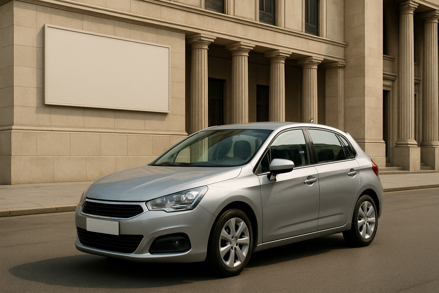 A silver hatchback car parked on an empty street in front of a stone building with tall columns and two blank signs